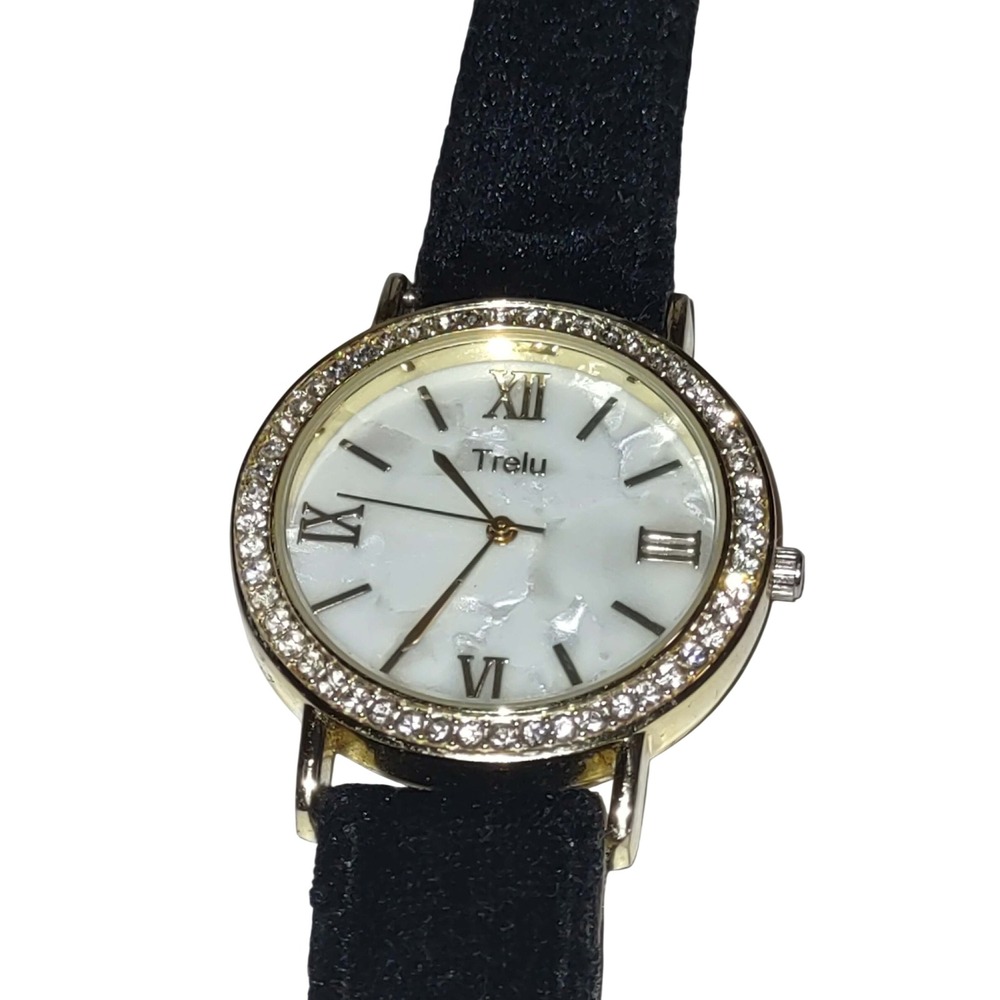 Trelu Womens Gold Tone Watch Faux Mother of Pearl Dial Crystal Bezel Blk Velvet